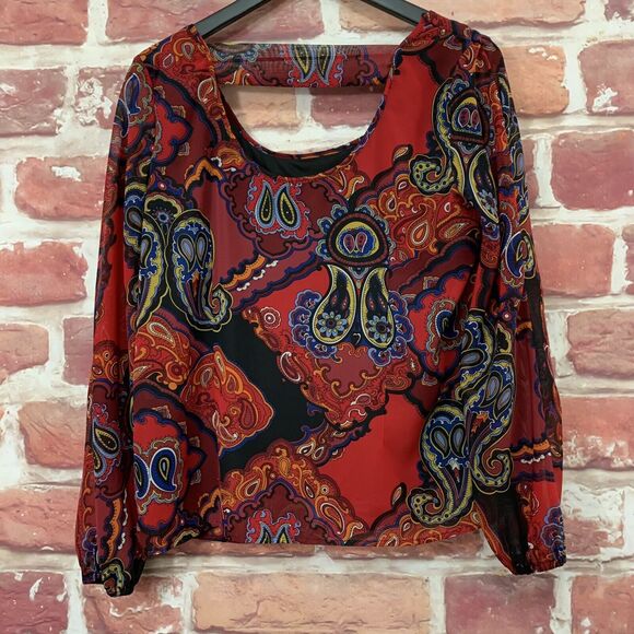 Vintage Sunny Leigh Top Women's Large Red Multicolor Boho Paisley Floral Shirt - Picture 3 of 7